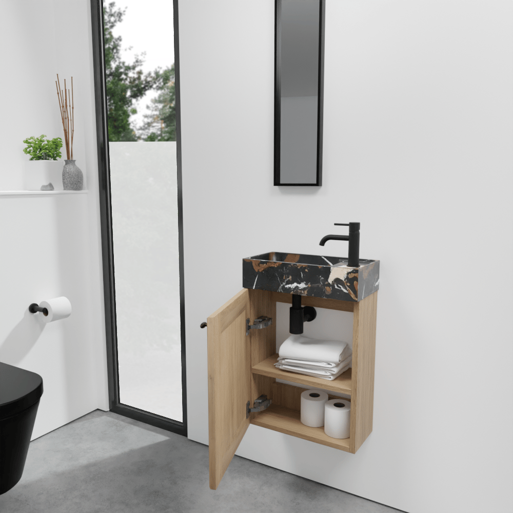 Balmani Lemon zwevend toiletmeubel 42 x 21 cm verweerd eiken met Dama wastafel in Portoro Gold marmer