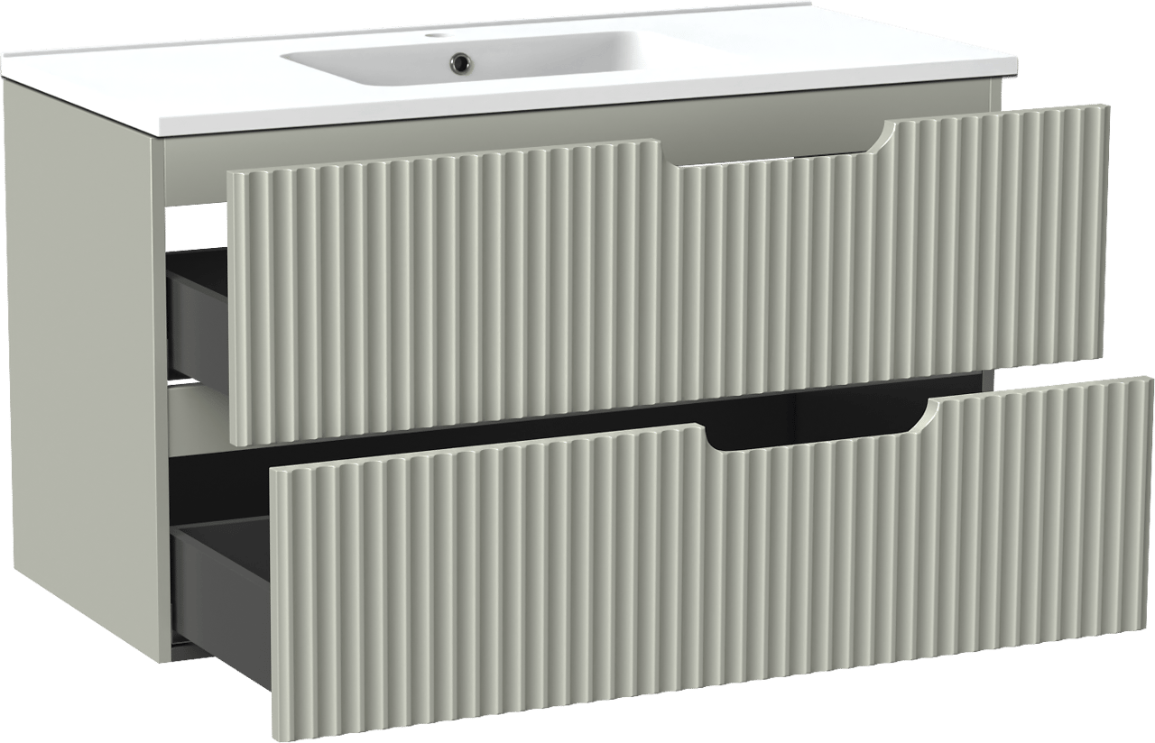 Linie Ribbo meuble salle de bains suspendu 100 x 46 cm greige avec Vano plan simple en marbre composite blanc mat, Nervure circulaire symétrique verticale