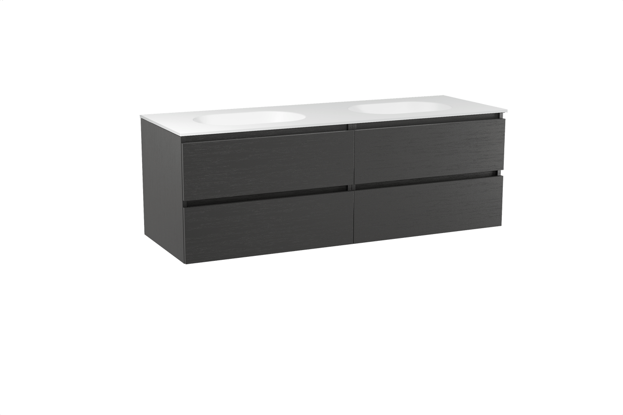 Balmani Lucida hängendes Möbelstück Set: 150 x 55 cm, Schwarze Eiche, mit Tablo Oval Doppelwaschtisch, Solid Surface Weiß matt