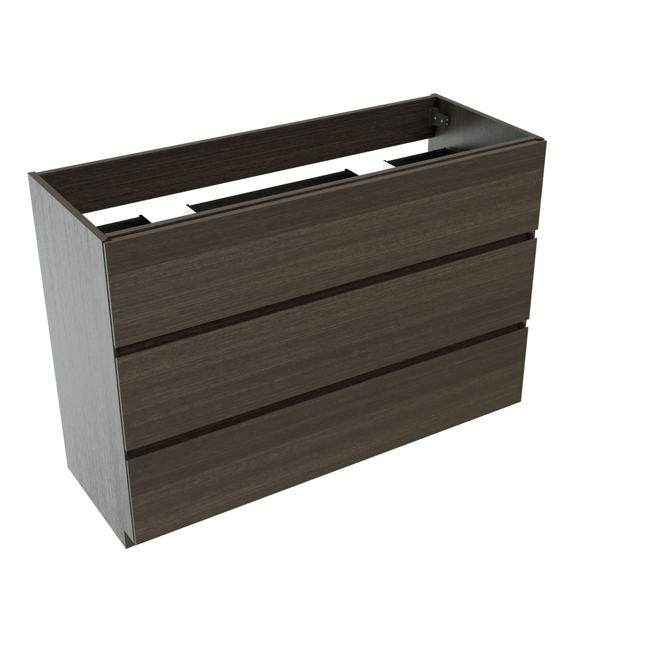 Storke Edge staande wastafelonderkast 120 x 46 cm donkere eiken 3 lades 2 sifonuitsparingen