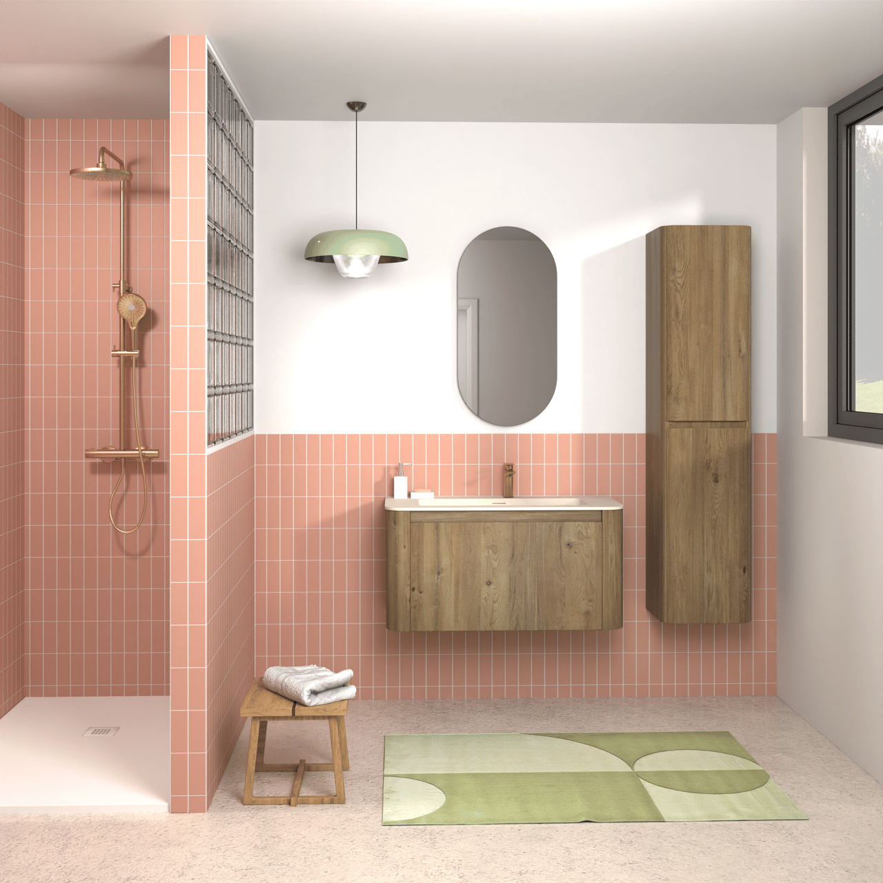 Storke Soft zwevend badkamermeubel 100 x 46 cm ruwe eik met Mata Soft enkele wastafel in solid surface beige granita