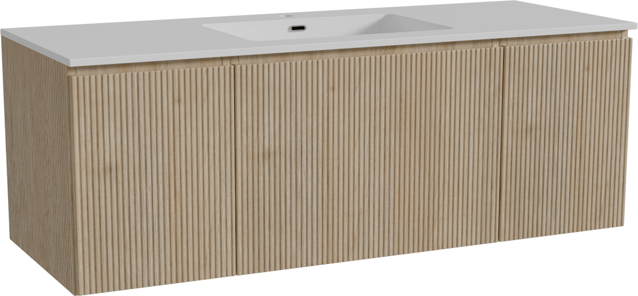 Storke Ribs zwevend badkamermeubel 135 x 52 cm ruwe eik met Diva enkele wastafel in composietmarmer glanzend wit, Verticale symmetrische rechte ribbel