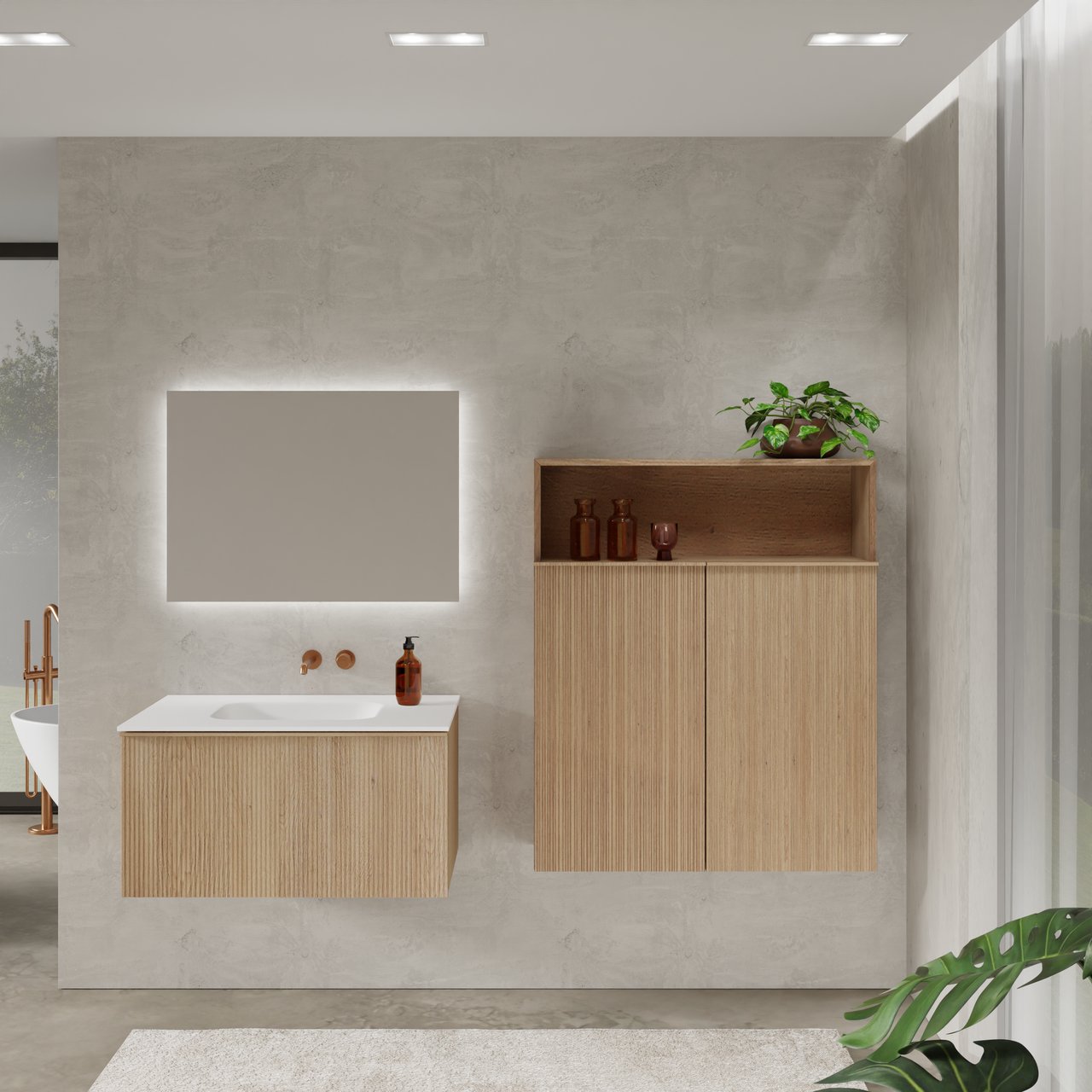 Balmani Forma meuble salle de bains suspendu 90 x 55 cm chêne naturel avec Tablo Arcato plan simple en solid surface blanc mat, Nervure droite symétrique verticale et Giro miroir