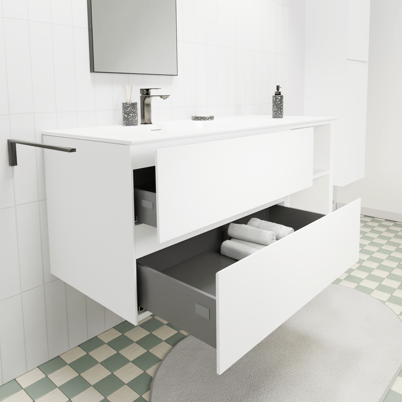 Storke Edge meuble salle de bains suspendu 130 x 52 cm blanc mat avec Mata plan vasque asymétrique à gauche en solid surface blanc mat