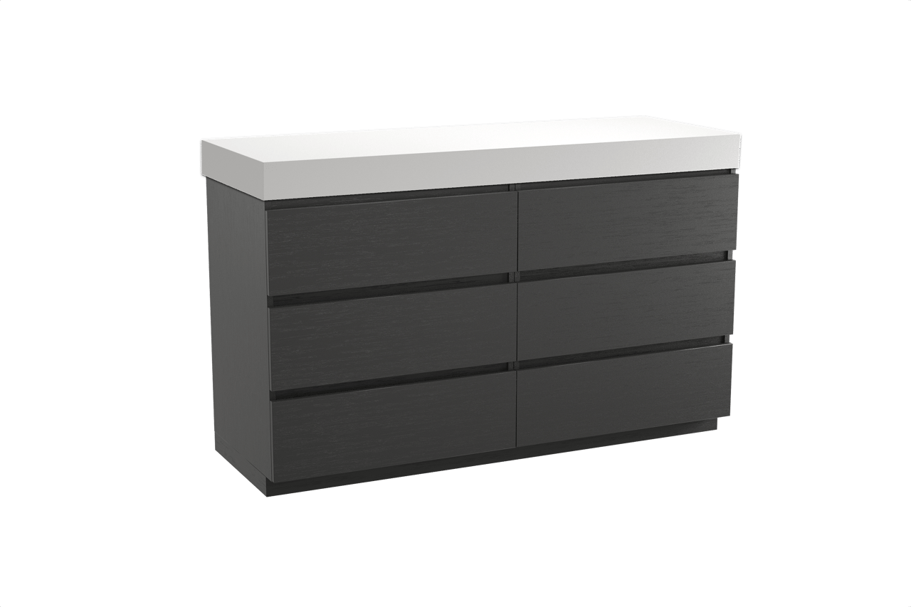 Balmani Lucida meuble salle de bains à poser 150 x 55 cm chêne noir avec Dominus tablette simple ou double en solid surface blanc mat