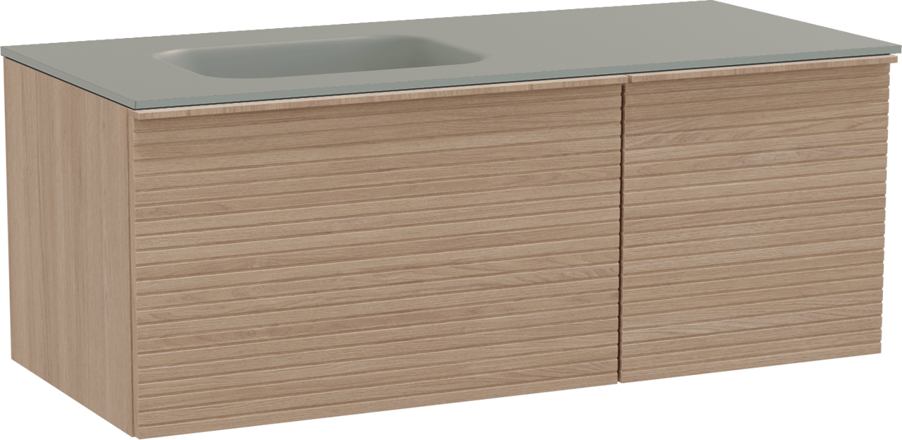 Balmani Forma meuble salle de bains suspendu 120 x 55 cm chêne naturel avec Tablo Arcato plan vasque asymétrique à gauche en solid surface gris pierre, Nervure droite symétrique horizontale