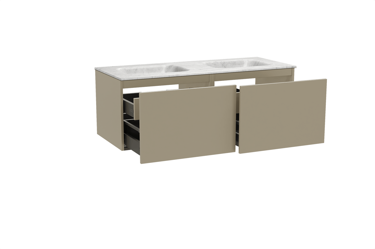 Balmani Sfera hängendes Möbelstück Set: 135 x 55 cm, Dune, mit Tablo Arcato Doppelwaschtisch, Marmor Carrara