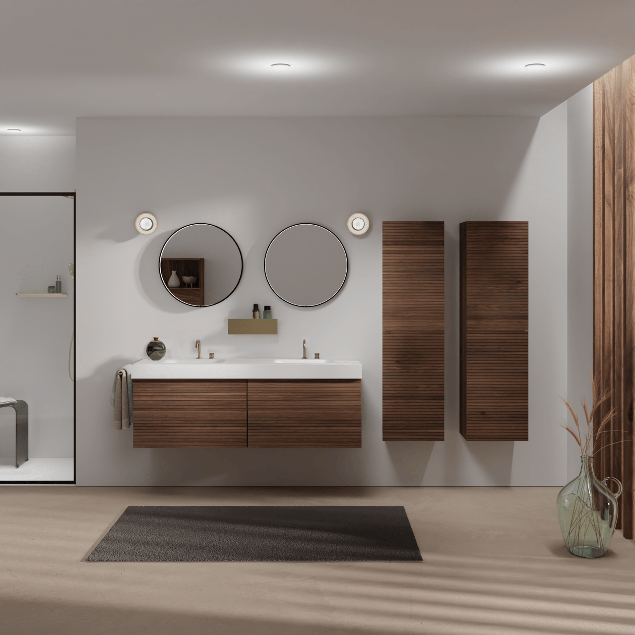 Balmani Forma zwevend badkamermeubel 180 x 55 cm amerikaanse notelaar met Arcato dubbele wastafel in solid surface mat wit, Horizontale symmetrische rechte ribbel