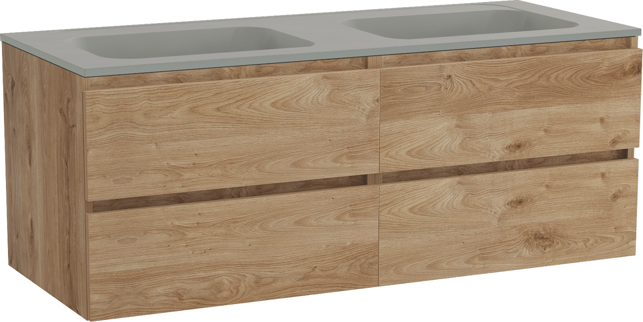 Balmani Lucida meuble salle de bains suspendu 135 x 55 cm chêne brut avec Tablo Strada double vasque en marbre composite soie grise