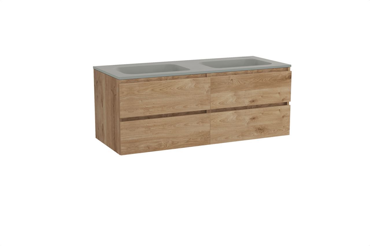 Balmani Lucida hängendes Möbelstück Set: 135 x 55 cm, Rohe Eiche, mit Tablo Strada Doppelwaschtisch, Marmorkomposit Seidengrau