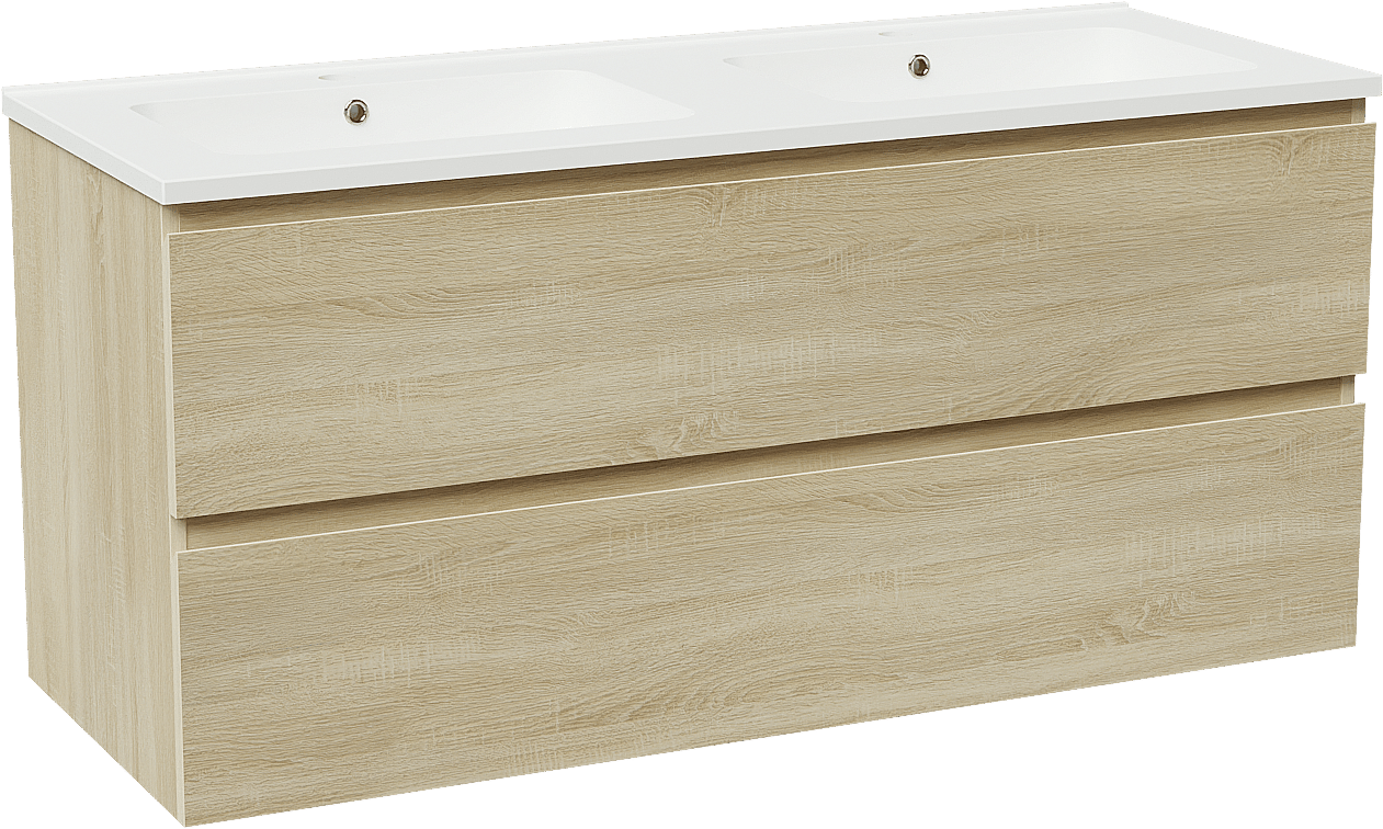 Linie Lado zwevend badmeubel 120 x 46 cm wit eiken met Vano dubbele wastafel in composietmarmer mat wit