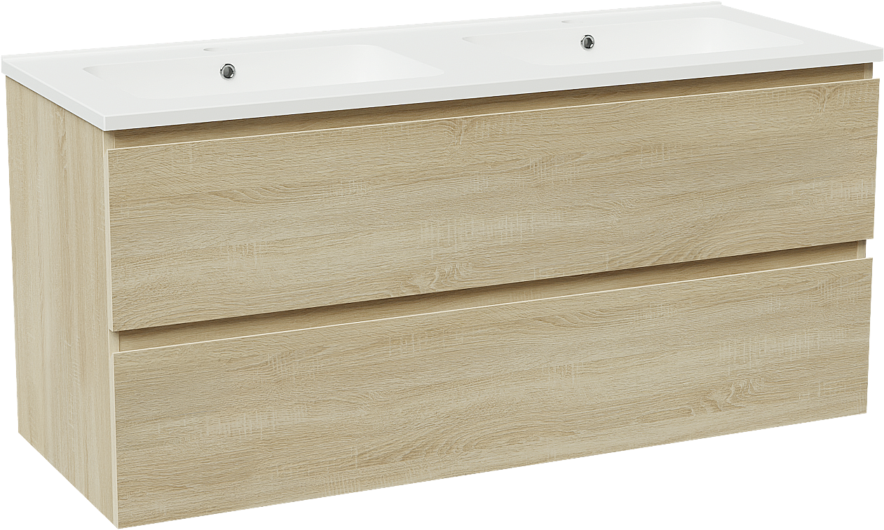 Linie Lado zwevend badmeubel 120 x 46 cm wit eiken met Vano dubbele wastafel in composietmarmer mat wit