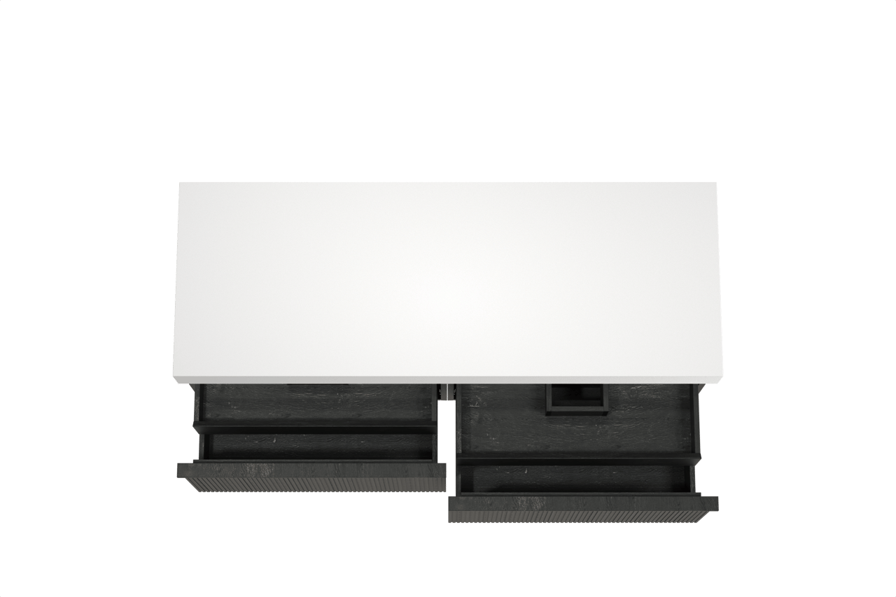 Balmani Forma zwevend badkamermeubel 150 x 55 cm zwarte eik met Dominus enkel of dubbel tablet in solid surface mat wit, Verticale symmetrische rechte ribbel