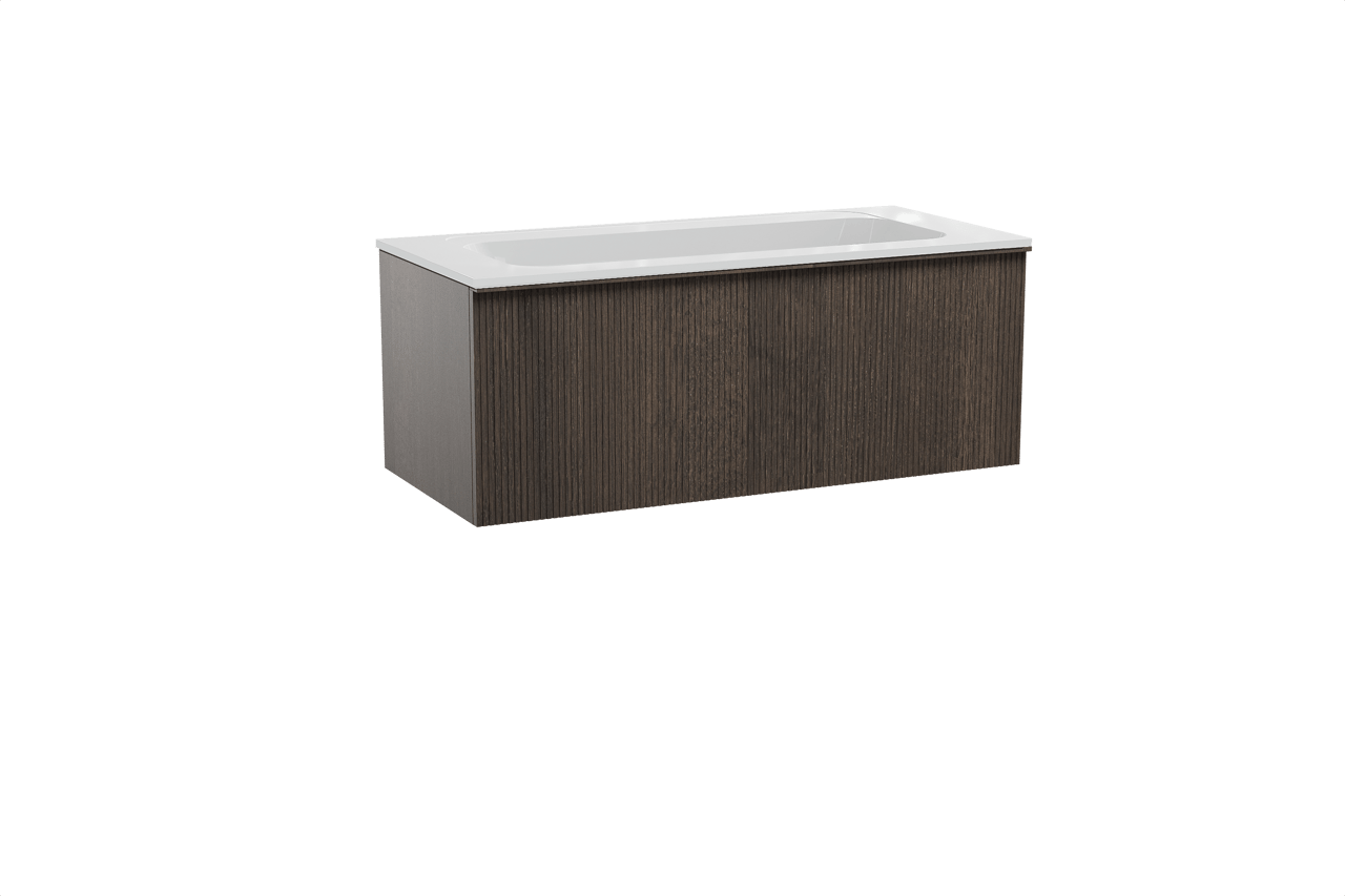 Balmani Forma zwevend badkamermeubel 120 x 55 cm gerookte eik met Tablo Strada enkele wastafel in composietmarmer glanzend wit, Verticale symmetrische rechte ribbel