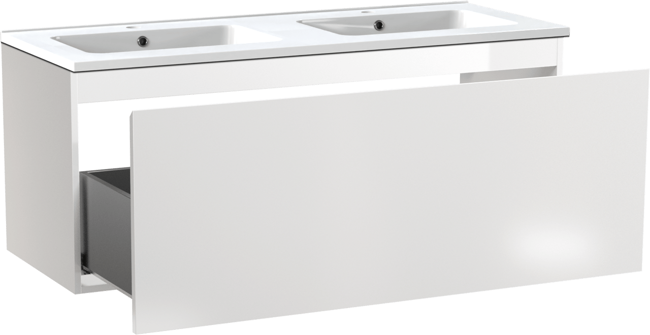 Linie Lado meuble salle de bains suspendu 120 x 46 cm blanc brillant avec Vano double vasque en marbre composite blanc brillant