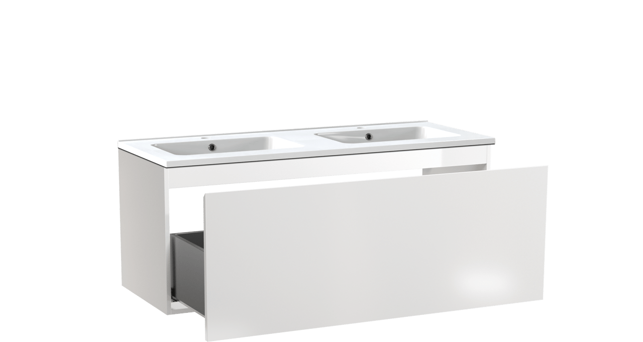 Linie Lado hängendes Möbelstück Set: 120 x 46 cm, Weiß glänzend, mit Vano Doppelwaschtisch, Marmorkomposit Weiß glänzend