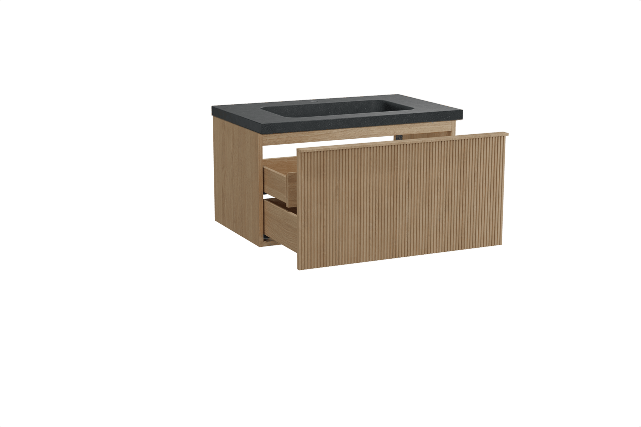 Balmani Forma meuble salle de bains suspendu 90 x 55 cm chêne naturel avec Napoli plan simple en granit noir, Nervure droite symétrique verticale