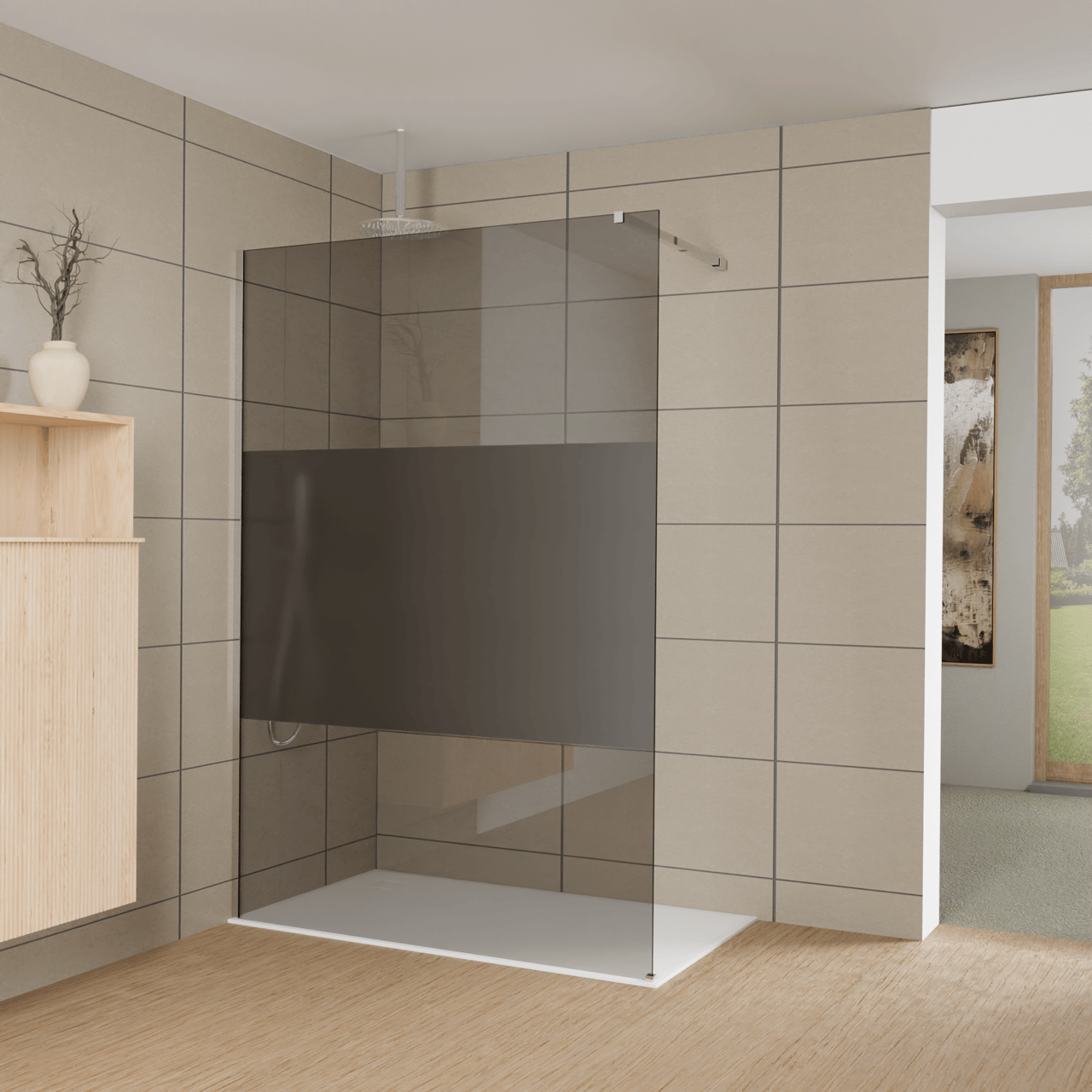 Balmani Modular douche à l'italienne: 140 x 200 cm, Verre fumé avec bande matte, Profil Chrome brillant