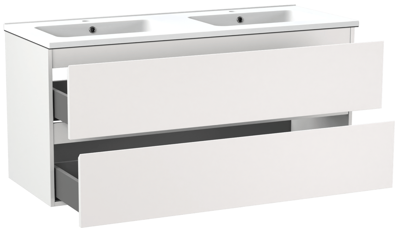 Linie Lado meuble salle de bains suspendu 120 x 46 cm blanc mat avec Vano double vasque en marbre composite blanc mat