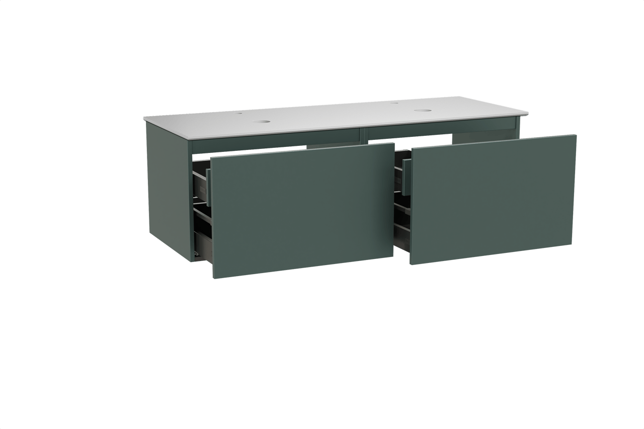 Balmani Sfera hängendes Möbelstück Set: 150 x 55 cm, Forest, mit Facetta Doppel Waschtischplatte, Solid Surface Weiß matt