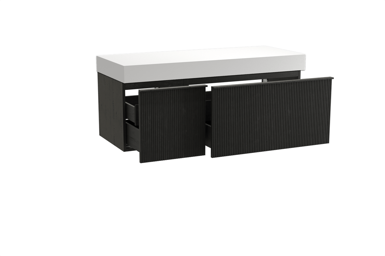Balmani Forma hängendes Möbelstück Set: 135 x 55 cm, Schwarze Eiche, mit Dominus Einzel- oder Doppel Waschtischplatte, Solid Surface, Weiß matt, Vertikale symmetrische gerade Rippe