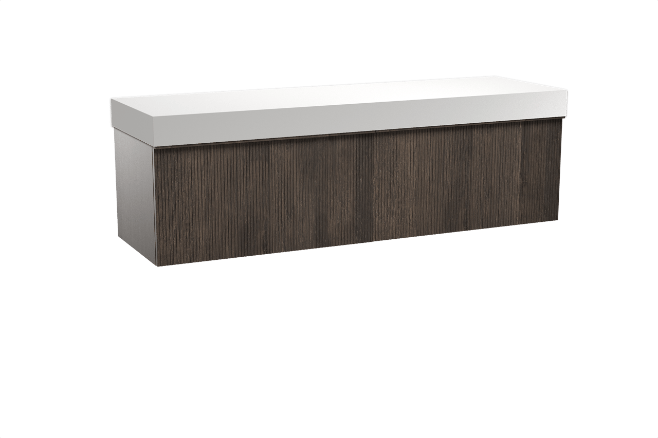 Balmani Forma hängendes Möbelstück Set: 180 x 55 cm, Geräucherte Eiche, mit Dominus Einzel- oder Doppel Waschtischplatte, Solid Surface, Weiß matt, Vertikale symmetrische gerade Rippe