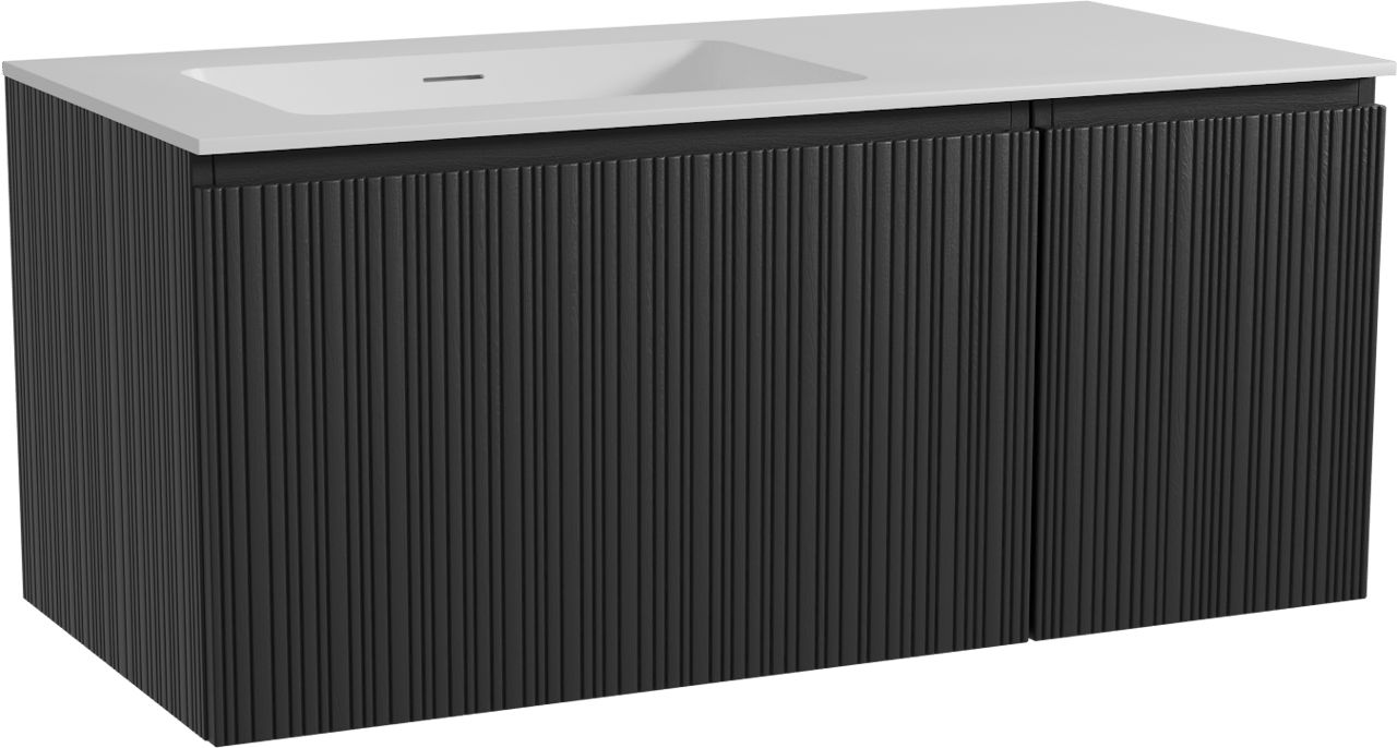 Storke Ribs hängendes Möbelstück Set: 110 x 52 cm, Schwarze Eiche, mit Mata Waschtisch links, Solid Surface, Weiß matt, Vertikale asymmetrische gerade Rippe