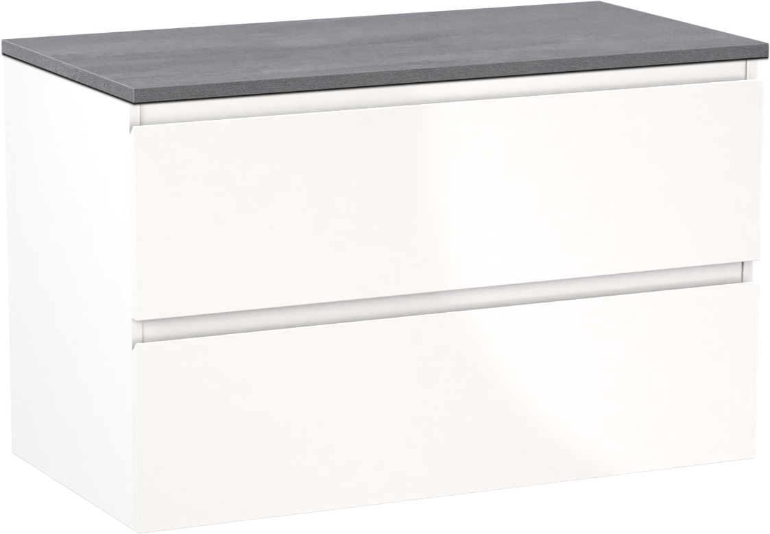 Linie Lado hängendes Möbelstück Set: 90 x 46 cm, Weiß glänzend, mit Lado Einzel Waschtischplatte, Melamin Beton dunkelgrau