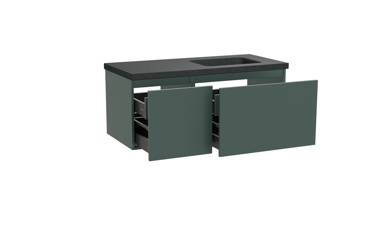 Balmani Sfera hängendes Möbelstück Set: 120 x 55 cm, Forest, mit Napoli Waschtisch rechts, Schwarzes Granit