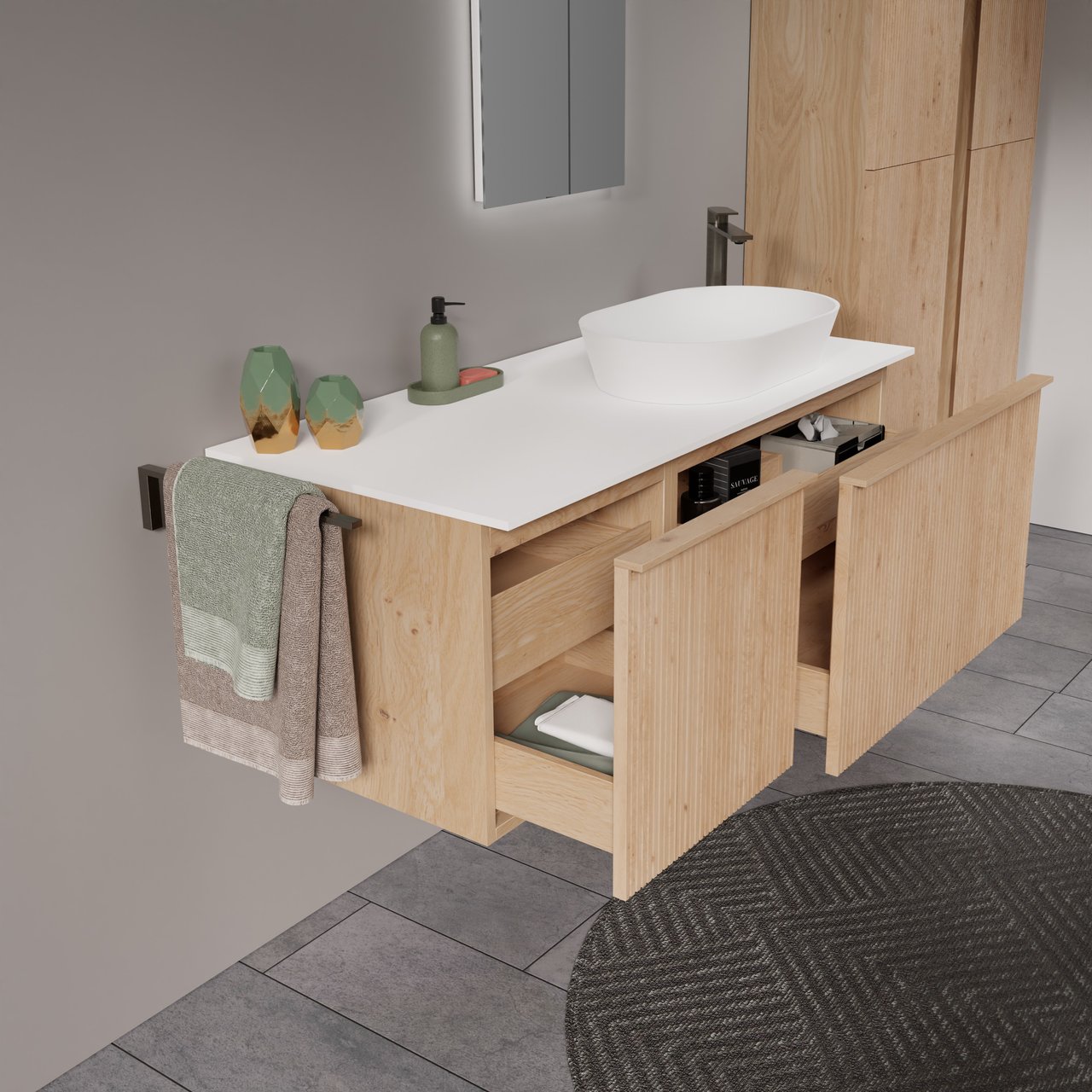 Balmani Forma meuble salle de bains suspendu 120 x 55 cm chêne naturel avec Stretto tablette simple ou double en solid surface blanc mat, Nervure droite symétrique verticale