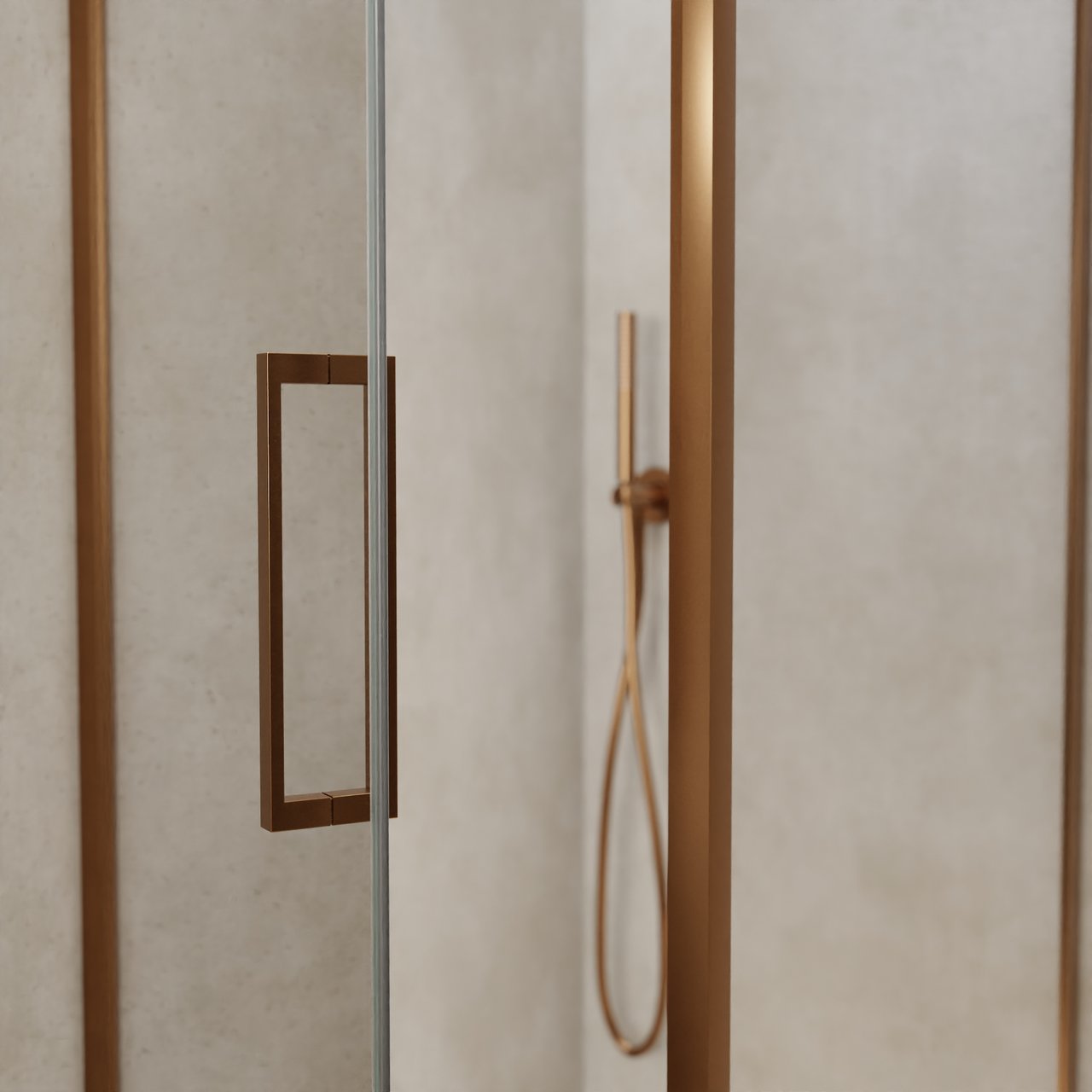 Balmani Senses Design Eckdusche: Drehtür (Links) mit fixierte Seitenwand, 90 x 90 cm, Klarglas, Profil Brushed Rosegold