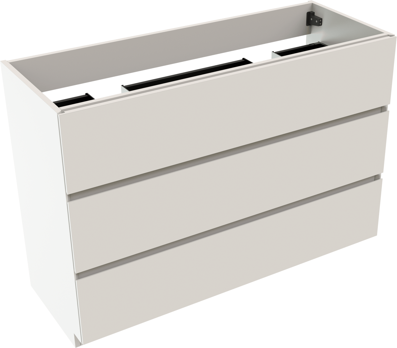 Storke Edge stehender Waschbeckenunterschrank: 120 x 46 cm, Weiß matt, 3 Schubladen, 2 Siphonaussparungen