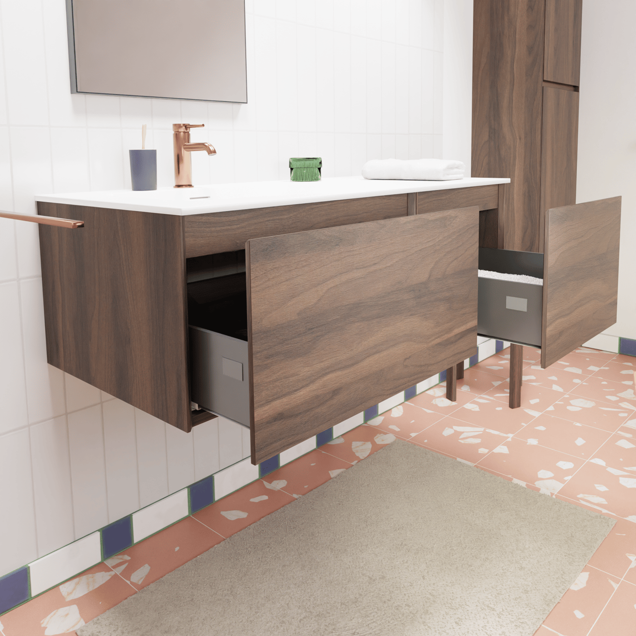 Storke Edge hängendes Möbelstück Set: 110 x 52 cm, Nussbaum, mit Mata Waschtisch links, Solid Surface Weiß matt