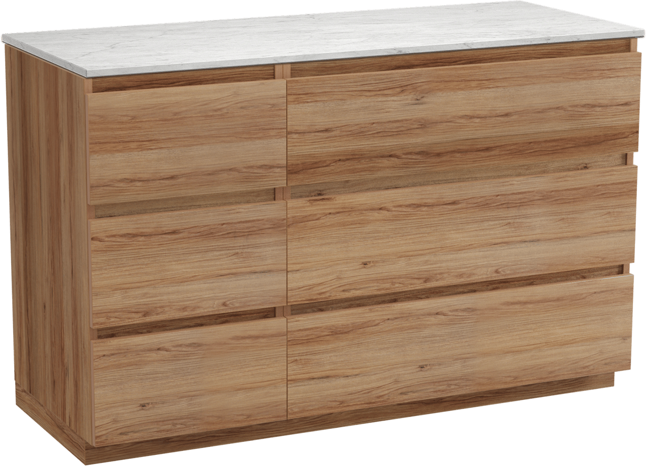 Balmani Lucida staand badkamermeubel 135 x 55 cm teak met Stretto enkel of dubbel tablet in marmer carrara