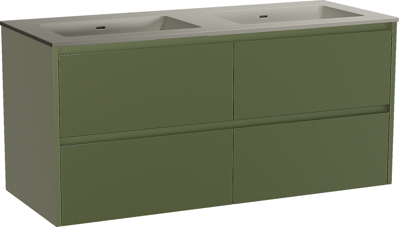 Storke Seda zwevend badmeubel 130 x 52 cm olijfgroen met Diva dubbele wastafel in top solid zijdegrijs