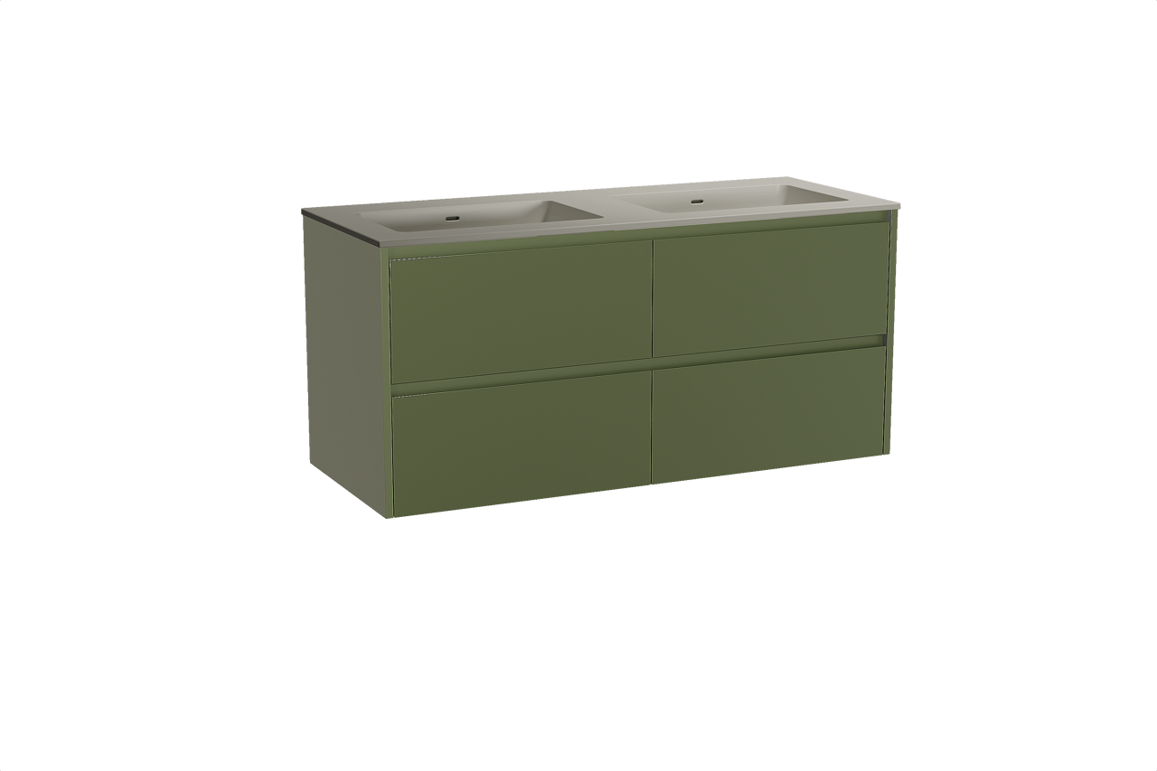 Storke Seda meuble salle de bains suspendu 130 x 52 cm vert olive avec Diva double vasque en top solid soie grise