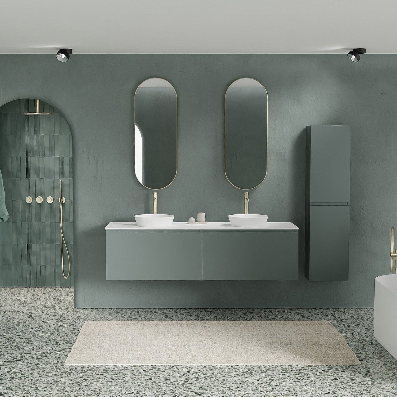 Balmani Sfera hängendes Möbelstück Set: 180 x 55 cm, Forest, mit Stretto Einzel- oder Doppel Waschtischplatte, Solid Surface Weiß matt