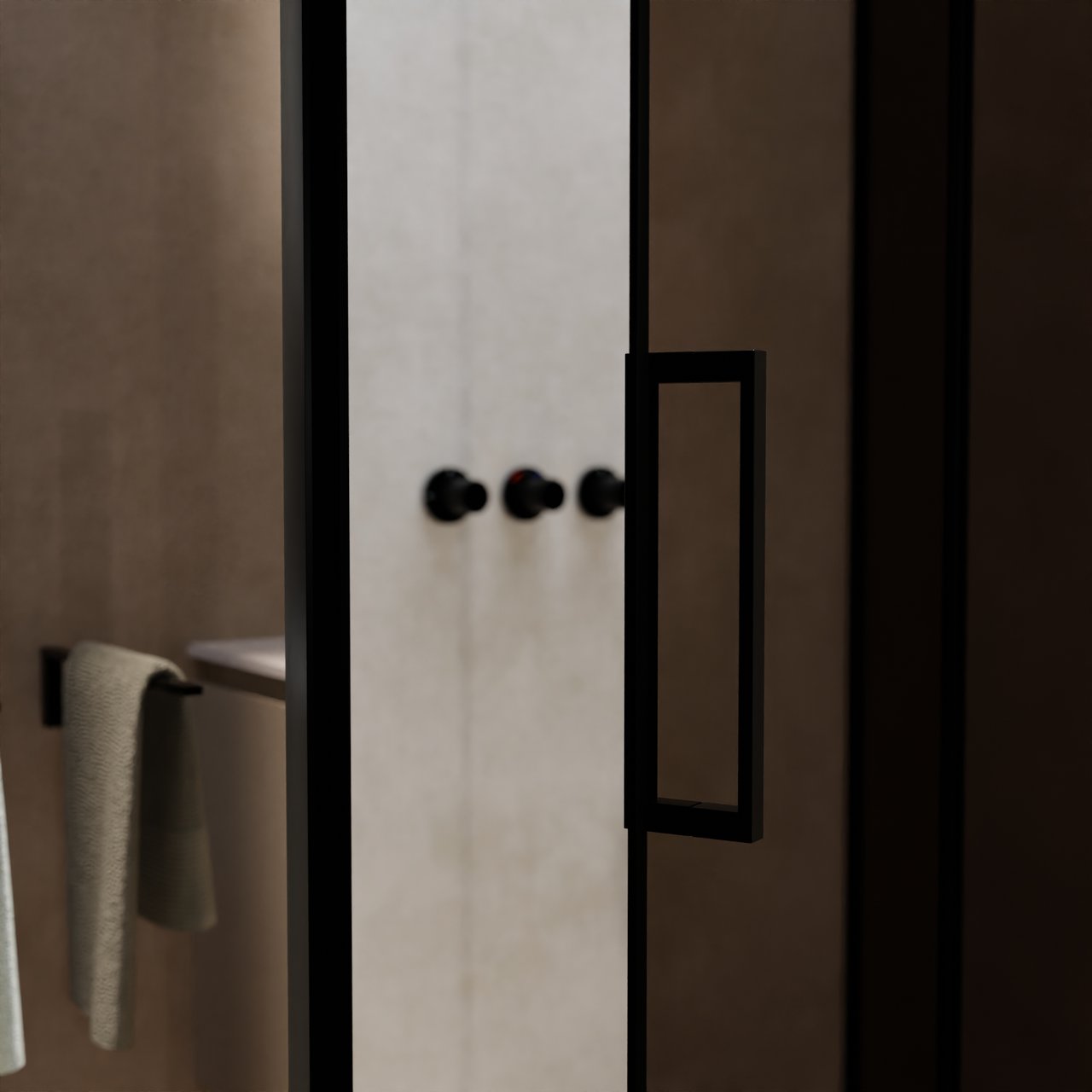 Balmani Senses Design douche en coin avec porte pivotante à droite et paroi latérale fixe, 140 x 80 cm, Bronze, Profil noir, coating inclus, coating inclus