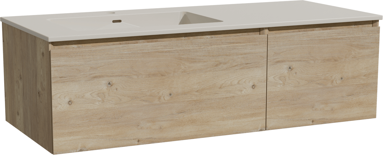 Storke Edge meuble salle de bains suspendu 120 x 52 cm chêne brut avec Diva vasque asymétrique gauche en top solid soie grise