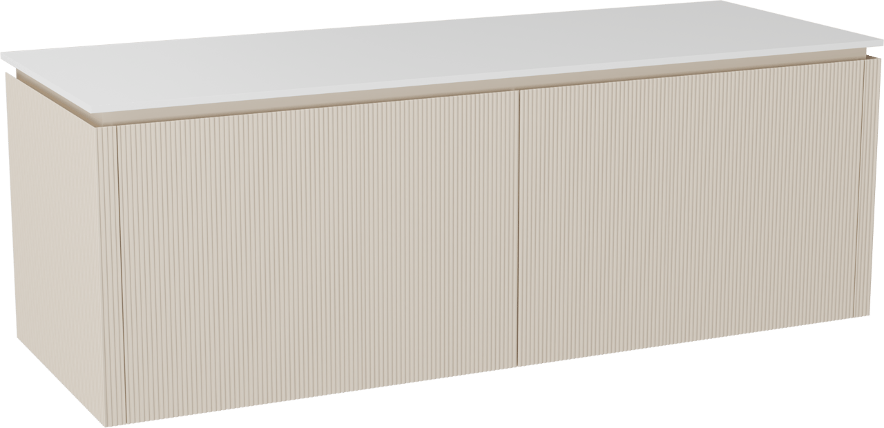 Balmani Eclips hängendes Möbelstück Set: 150 x 55 cm, Sandbeige, mit Stretto Einzel- oder Doppel Waschtischplatte Solid Surface Weiβ matt, Vertikale symmetrische gerade Rippe