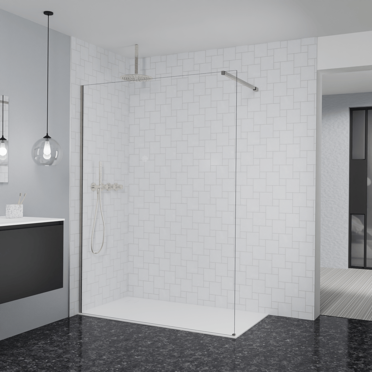Balmani Modular Walk-In Dusche: 150 x 200 cm, Klarglas, Profil Brushed CoolMetal
