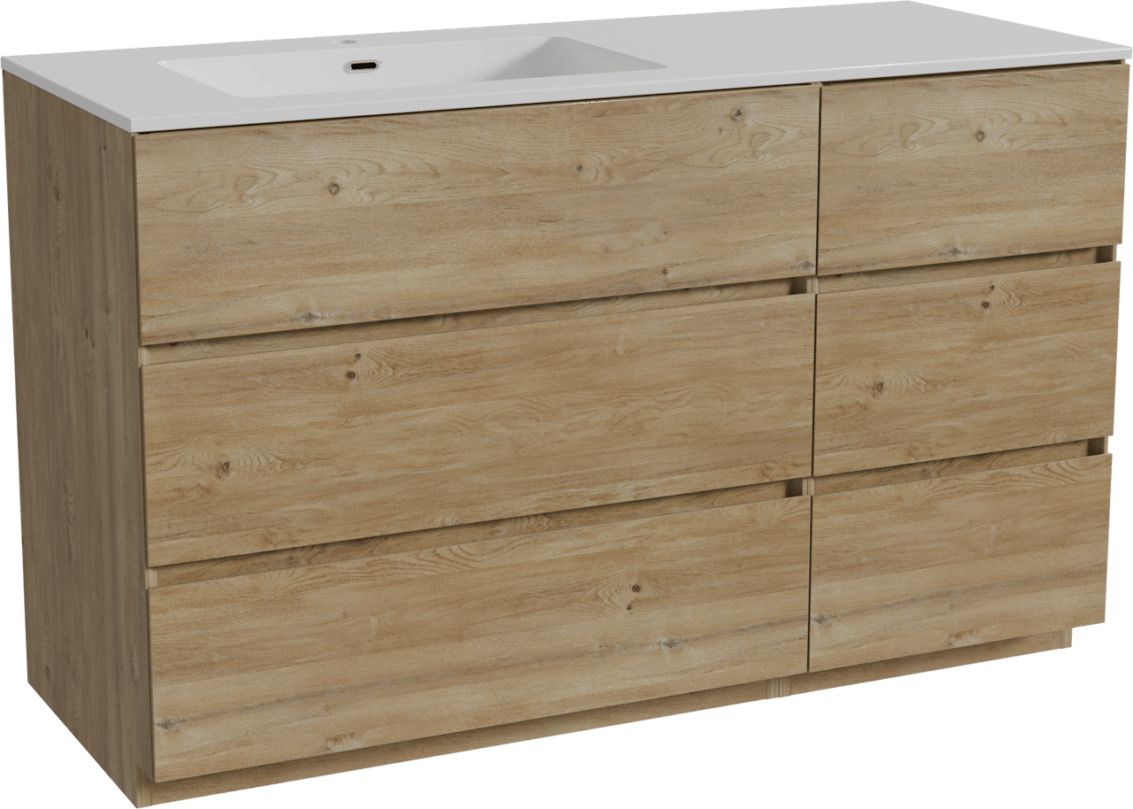 Storke Edge meuble salle de bains à poser 130 x 52 cm chêne brut avec Diva plan vasque asymétrique à gauche en marbre composite blanc brillant