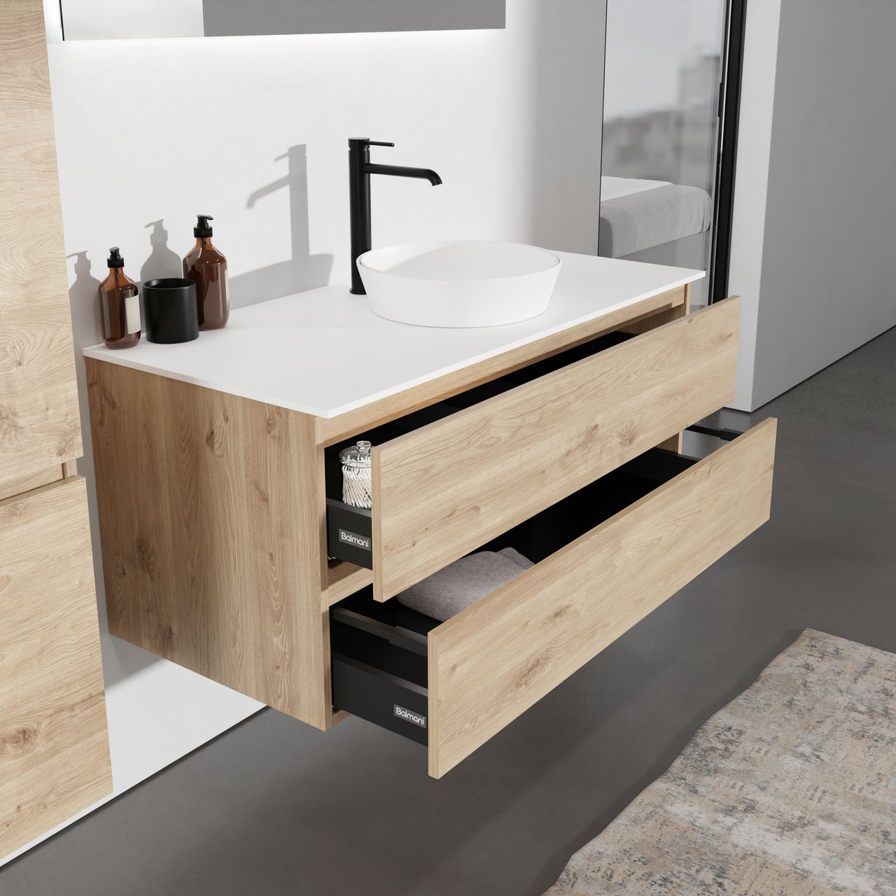 Balmani Lucida meuble salle de bains suspendu 120 x 55 cm chêne brut avec Stretto tablette simple ou double en solid surface blanc mat