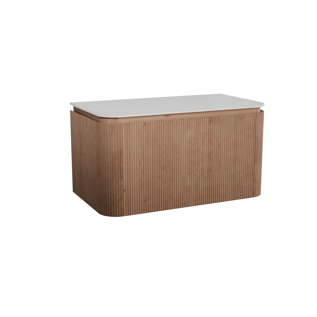 Balmani Moon hängendes Möbelstück Set: 100 x 55 cm, Naturbelassene Eiche, mit Moon Einzel Waschtischplatte, Solid Surface, Weiß matt, Vertikale symmetrische gerade Rippe