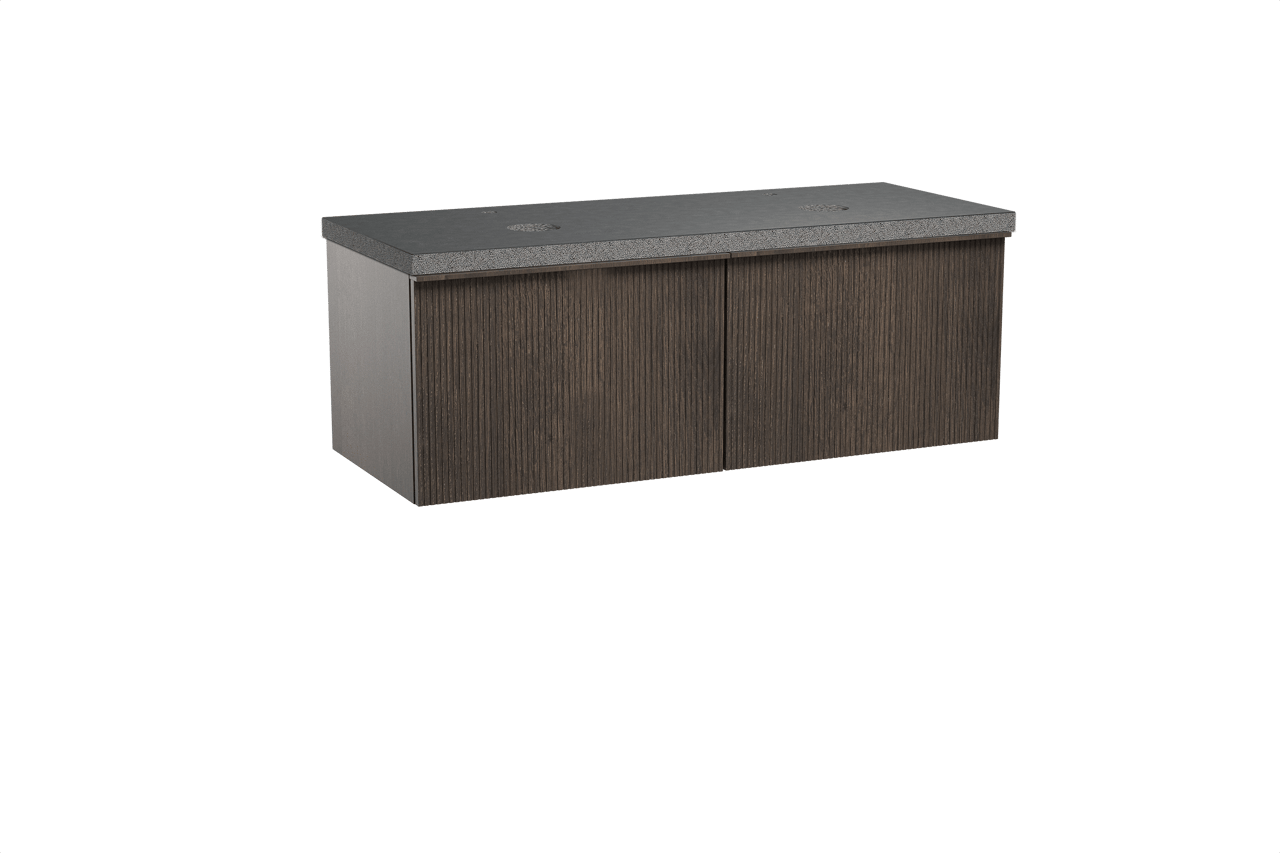 Balmani Forma hängendes Möbelstück Set: 135 x 55 cm, Geräucherte Eiche, mit Rock Doppel Waschtischplatte, Granit, Schwarzes Granit, Vertikale symmetrische gerade Rippe