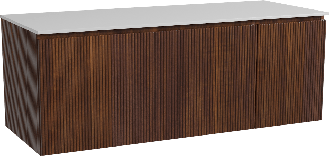 Storke Ribs zwevend badmeubel 130 x 52 cm notenhout met Tavola enkel of dubbel wastafelblad in solid surface mat wit, Verticale symmetrische rechte ribbel