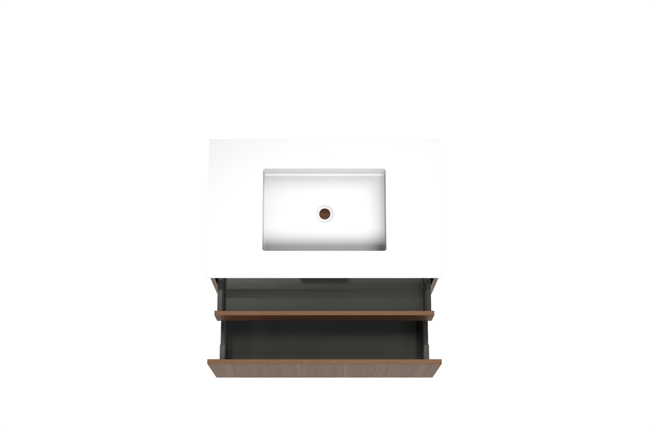 Balmani Sfera zwevend badkamermeubel 90 x 55 cm amerikaanse notelaar met Tablo Stretto enkele wastafel in solid surface mat wit