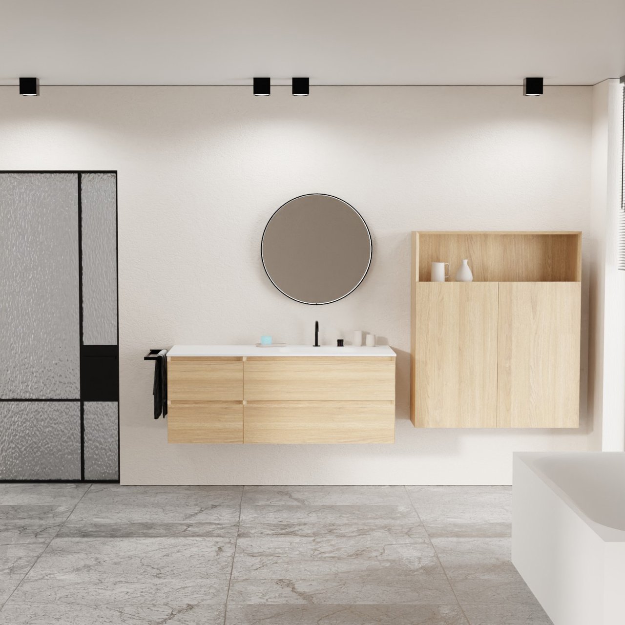 Balmani Mitra hängendes Möbelstück Set: 135 x 55 cm, Naturbelassene Eiche, mit Tablo Arcato Waschtisch rechts, Solid Surface Weiß matt