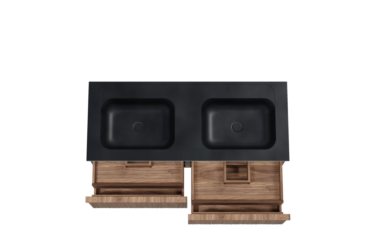 Balmani Forma hängendes Möbelstück Set: 135 x 55 cm, Amerikanischer Nussbaum, mit Tablo Strada Doppelwaschtisch, Marmorkomposit, Schwarz matt, Vertikale asymmetrische Runde Rippe
