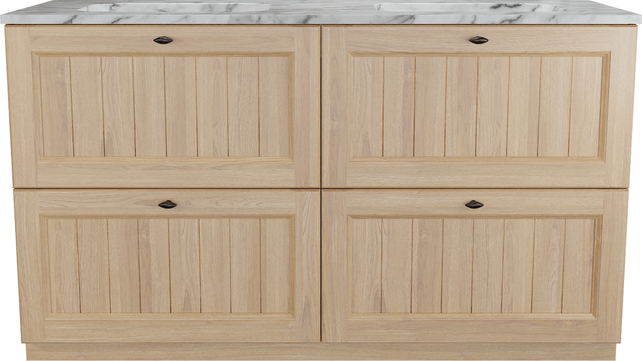 Balmani Lemon freistehendes Möbelstück Set: 150 x 55 cm, Naturbelassene Eiche Furnier, mit Tablo Arcato Doppelwaschtisch, Carrara